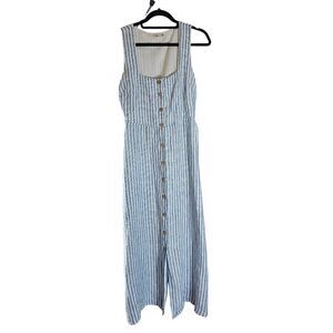 Faherty Linen Seaside Blue Striped Button Front Midi Sundress  Women's SZ M Belt